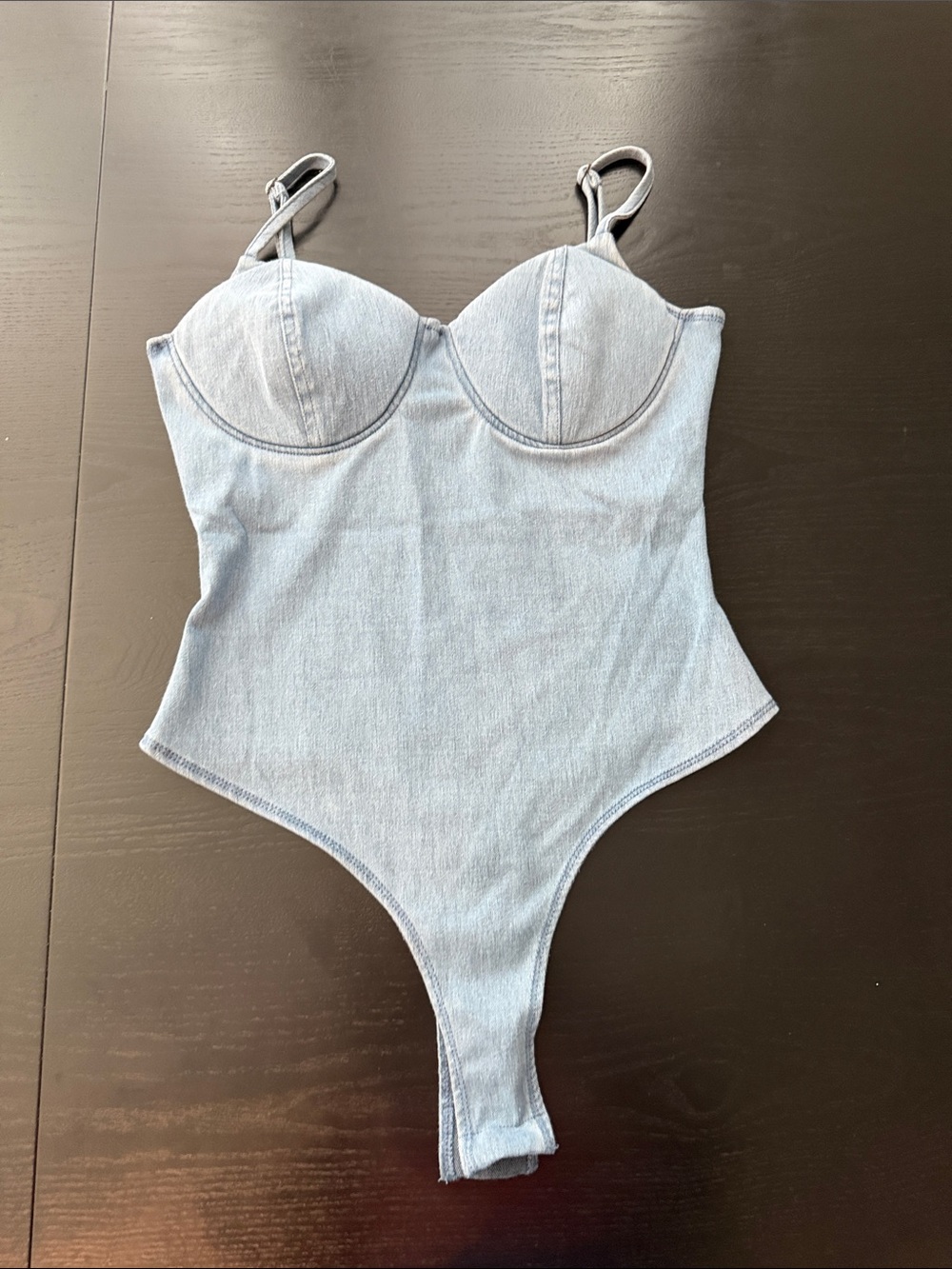 JLUX Label - Light Wash Denim-Style One-Piece Bodysuit with Molded Cups